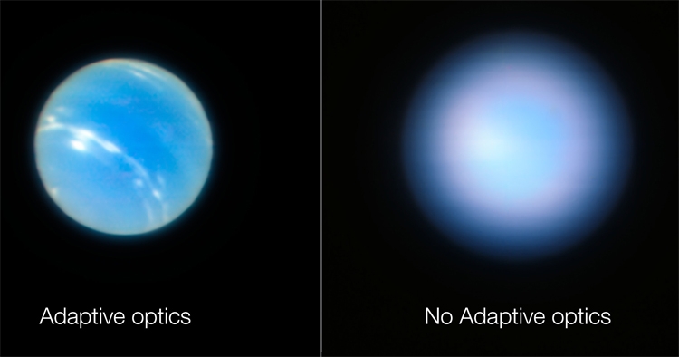  Изображения Нептуна, полученные на VLT с адаптивной оптикой и без нее 