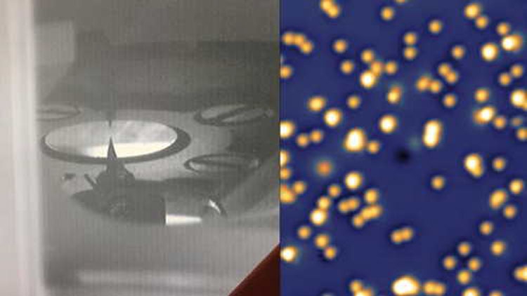  Слева изображение со сканирующего туннельного микроскопа, справа вспомогательные атомы кобальта на подложке их оксида марганца (EPFL) 