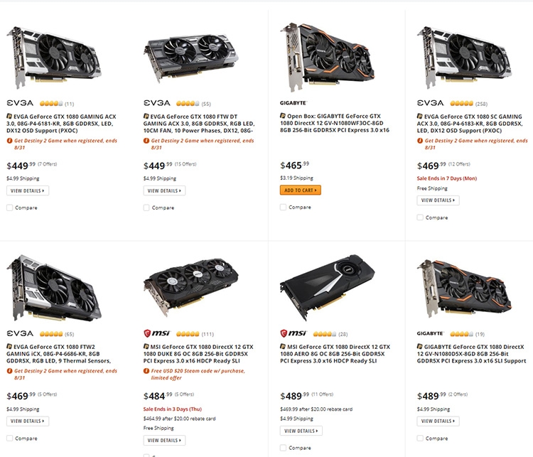 Минимальная цена GeForce GTX 1080 на newegg.com снизилась до $449,99 (без налога с продаж)