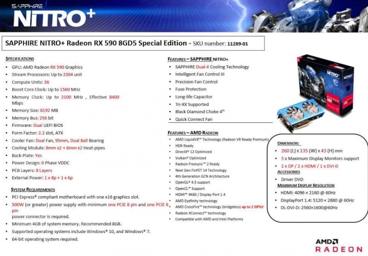 Полные характеристики и цена Sapphire Radeon RX 590 NITRO+ Special Edition"