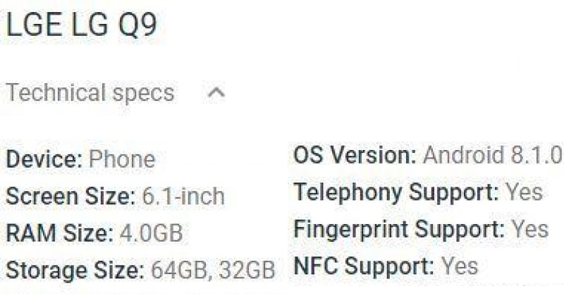 Раскрыто оснащение смартфона LG Q9: дисплей размером 6,1" и поддержка NFC"