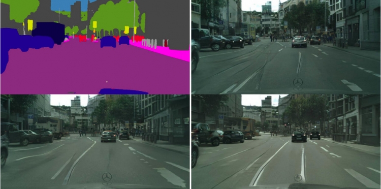 Сравнение сгенерированных с помощью ИИ изображений. Вверху слева — карта сегментации; вверху справа — алгоритм pix2pix HD; внизу слева — COVST; внизу справа — демонстрация NVIDIA vid2vid