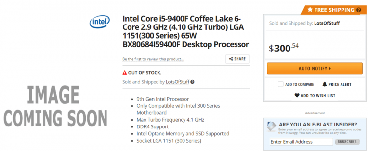 Ретейлеры раскрыли характеристики процессора Core i5-9400F без встроенной графики"