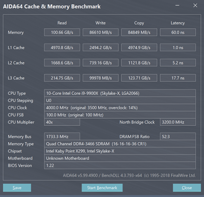 Core i9-9900X  @ 4,0 ГГц, Mesh = 3,2 ГГц