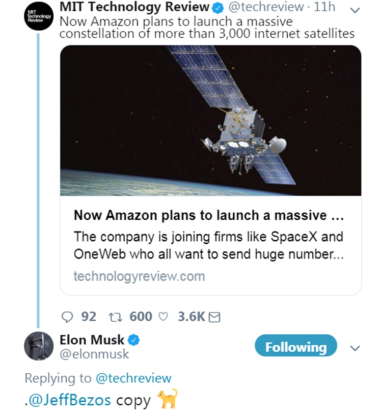 Илон Маск потроллил главу Amazon в Твиттере в связи с проектом запуска спутников"