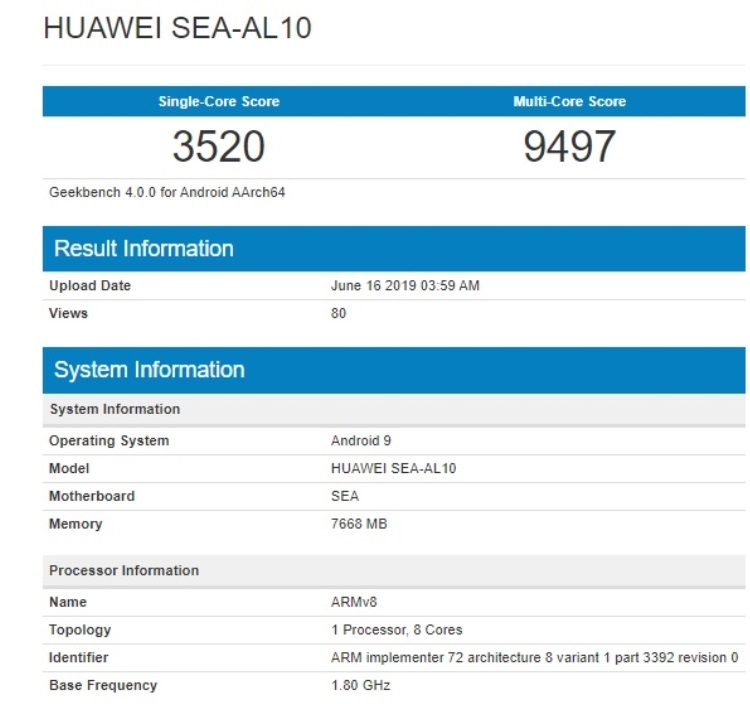 Смартфон Huawei Nova 5 Pro появился в базе Geekbench с чипом Kirin 980 и 8 Гбайт ОЗУ"