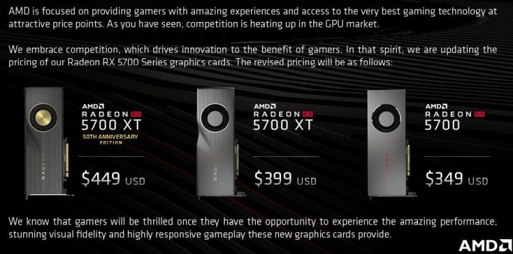 AMD официально подтвердила снижение цен на видеокарты серии Radeon RX 5700"
