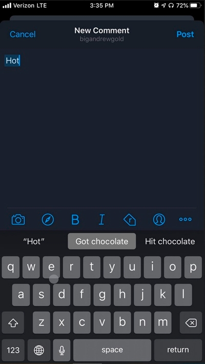  Словосочетение «hot chocolate» («горячий шоколад») ввести свайпом в iOS 13 невозможно 