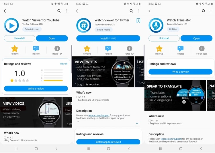 Приложения YouTube, Twitter и Translate для смарт-часов Galaxy Watch Active 2 созданы сторонними разработчиками