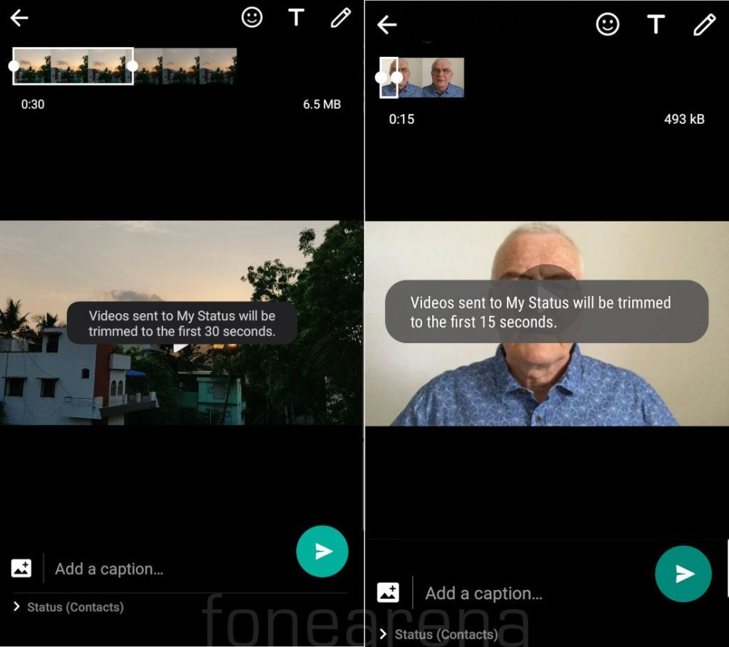 Статус WhatsApp в Индии: слева — ограничение в 30 секунд на видео (бета-версия); справа — 15 с (стабильная сборка)