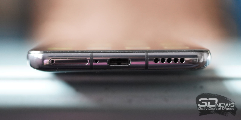  Huawei P40, нижняя грань: слот для SIM-карт/карты памяти, микрофон, порт USB Type-C, основной динамик 