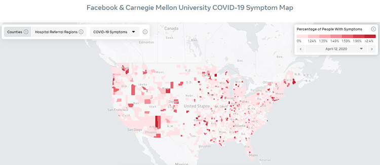 Facebook показала на карте, сколько людей в мире имеют симптомы COVID-19