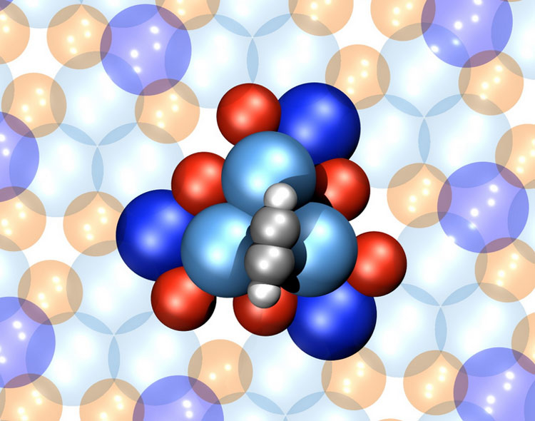 Молекулярный мотор из шести атомов палладия (синий), шести атомов галлия (красный) и молекулы ацетилена (серый). Изображение: Empa