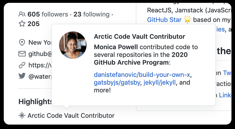  Пример бейджика «Arctic Code Vault Contributor» (GitHub) 