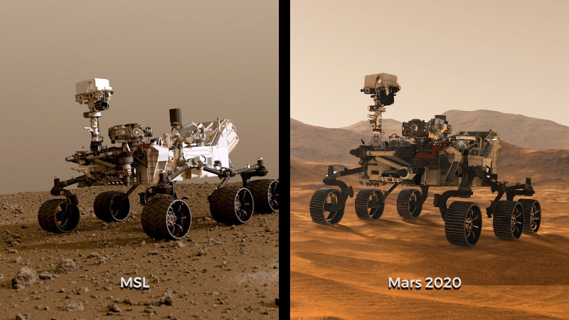  Perserverance (Mars 2020, справа) — усовершенствованный вариант ровера Curiosity (Mars Science Laboratory). Фото NASA 