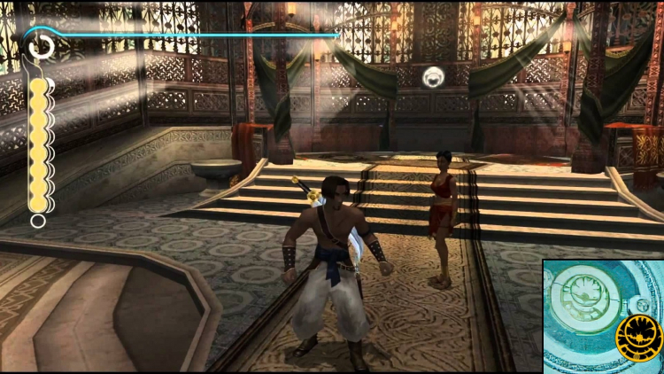 Кадр из Prince of Persia: The Sands of Time с эмблемой на заднем плане и символом из тизера