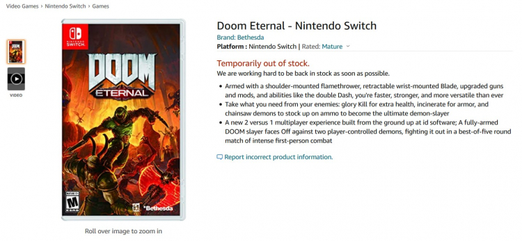 Страница Switch-версии DOOM Eternal на Amazon