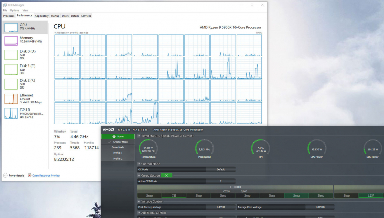  Процессор Ryzen 9 5950X и его загрузка с работой Epic Games на фоне 