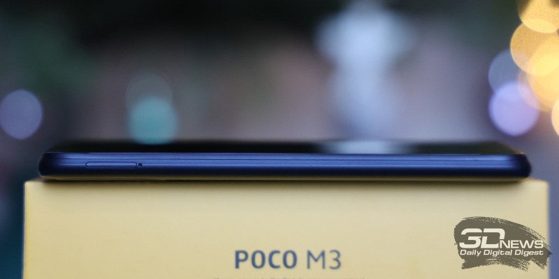 Xiaomi POCO M3, левая грань: слот для двух сим-карт и одной карты памяти