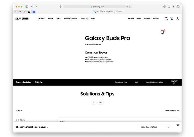 Скриншот странички Galaxy Buds Pro