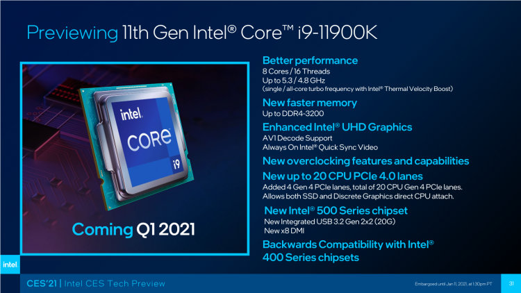 Intel рассказала об игровой производительности Core i9-11900K: быстрее Ryzen 9 5900X и Core i9-10900K