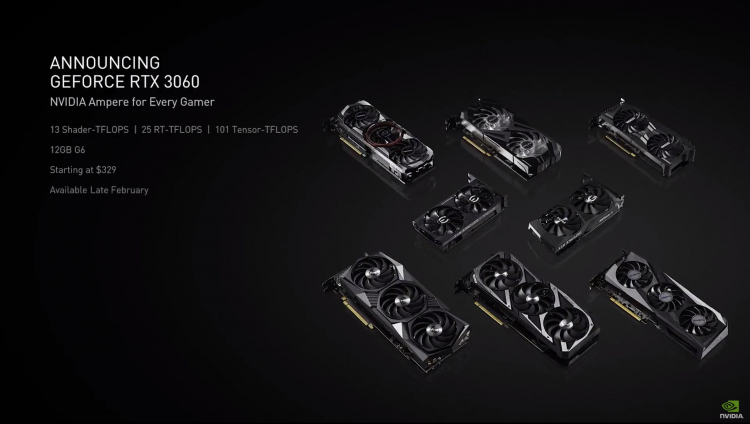 NVIDIA представила видеокарту GeForce RTX 3060 с 12 Гбайт GDDR6 стоимостью $329