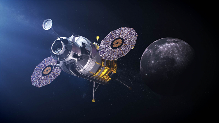  Концептуальное изображение приближения «Системы посадки людей» к Луне по программе «Артемида», NASA 