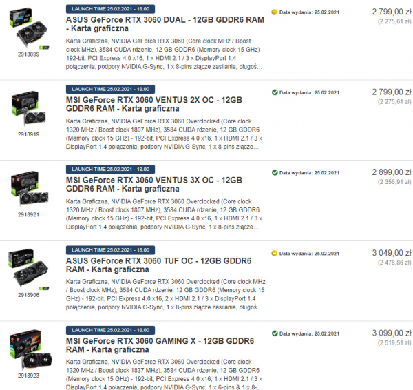 Цены на NVIDIA GeForce RTX 3060 (Proshop)