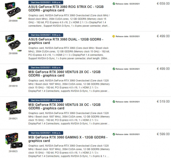 Pricing for NVIDIA GeForce RTX 3060 (PCDiga)