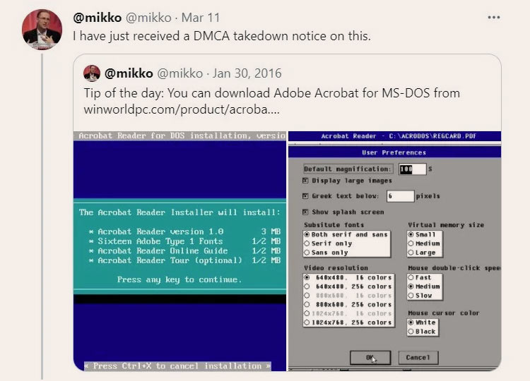 Adobe потребовала удалить твит о пиратской копии Acrobat Reader 1.0 для MS-DOS. Этой программе уже 27 лет