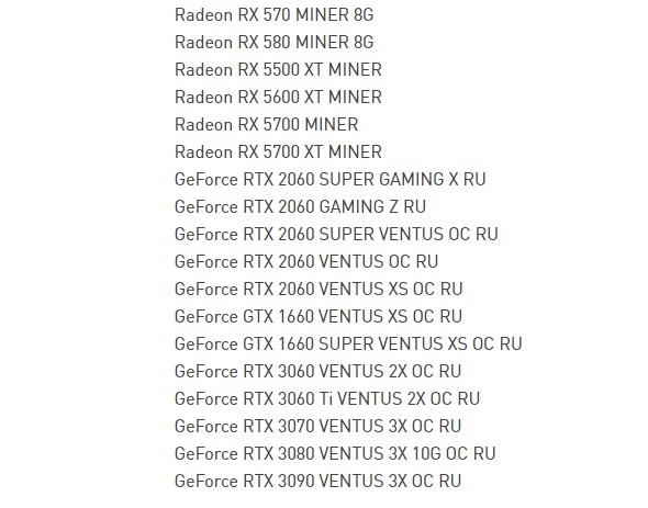 List of video cards from the Russian MSI site with a limited warranty of up to 6 months