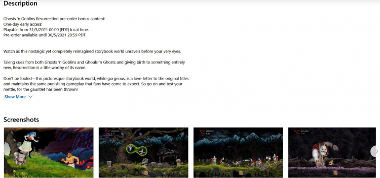 Информация о раннем доступе и предзаказах Ghosts ‘n Goblins Resurrection на сайте Microsoft Store