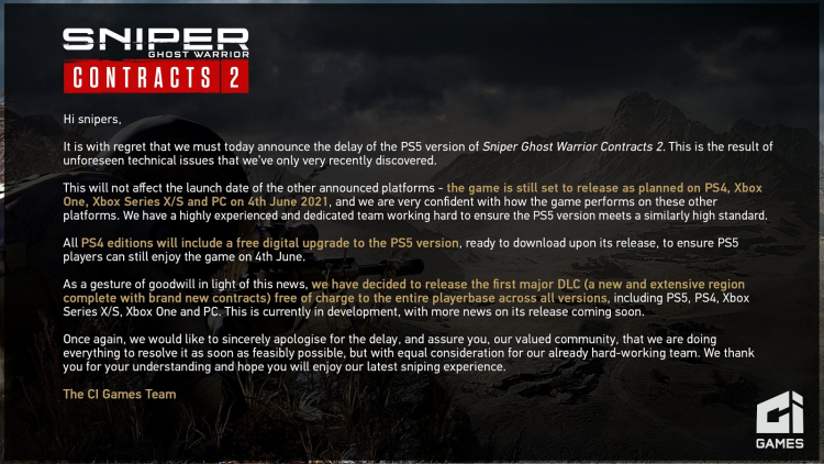 PS5-версия Sniper Ghost Warrior Contracts 2 выйдет позже остальных из-за «непредвиденных технических проблем»