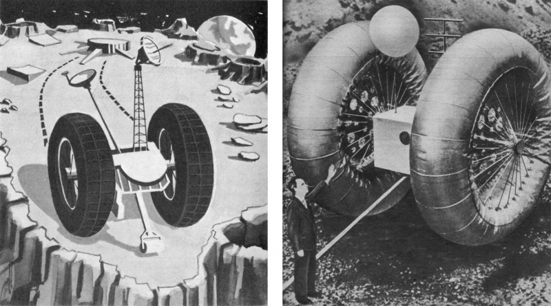  Слева - ровер съезжает с посадочной платформы, справа – макет ровера в натуральную величину. Источник: https://gizmodo.com/this-early-lunar-rover-prototype-was-almost-forgotten-493099329 