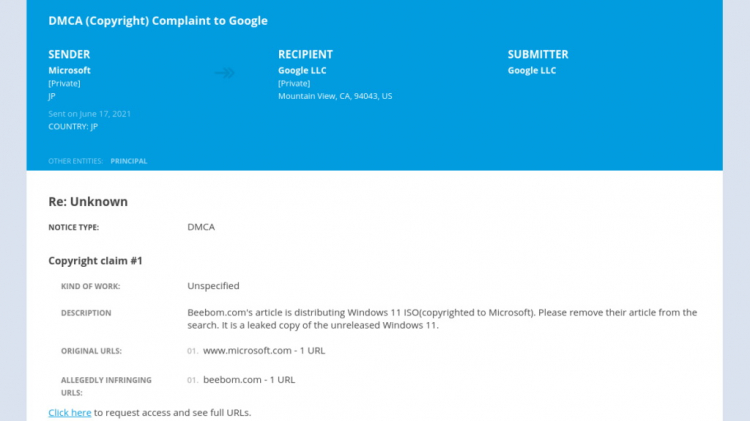 Microsoft подтвердила утечку образа Windows 11 и подала DMCA-жалобу в Google