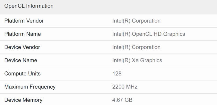 Младшая модель Intel DG2 засветилась в тесте Geekbench с частотой GPU 2,2 ГГц