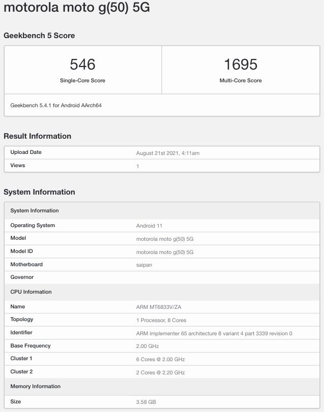 Смартфон Moto G50 5G отметился в Geekbench с процессором Dimensity 700