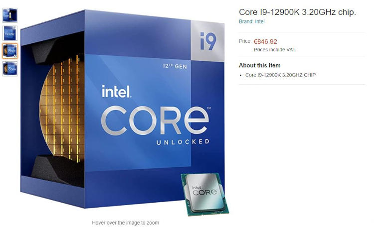 В нидерландском Amazon появился Intel Core i9-12900K за €847 и другие процессоры Alder Lake