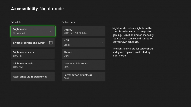 Ночной режим также добавляет настраиваемый фильтр синего света для экрана (только на Xbox Series X и S)