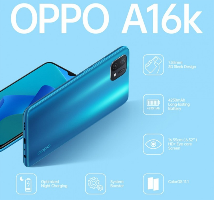 Представлен смартфон Oppo A16K с дисплеем HD и процессором Helio G35