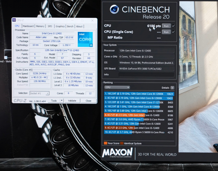  Разогнанный Intel Core i5-12400 в Cinebench R20 