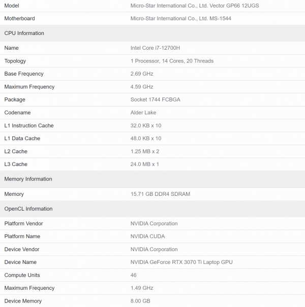  Характеристики мобильной GeForce RTX 3070 Ti. Источник изображения: Geekbench 