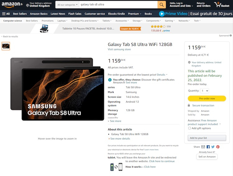Флагманские планшеты Samsung Galaxy Tab S8 отметились в европейских Amazon — релиз 25 февраля