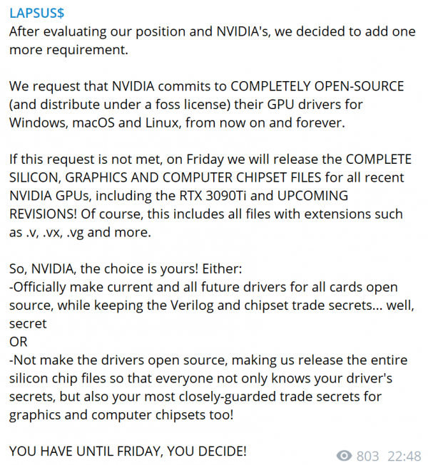 Хакеры требуют от NVIDIA перевести её драйверы в разряд открытого ПО или будут опубликованы другие секреты производителя1