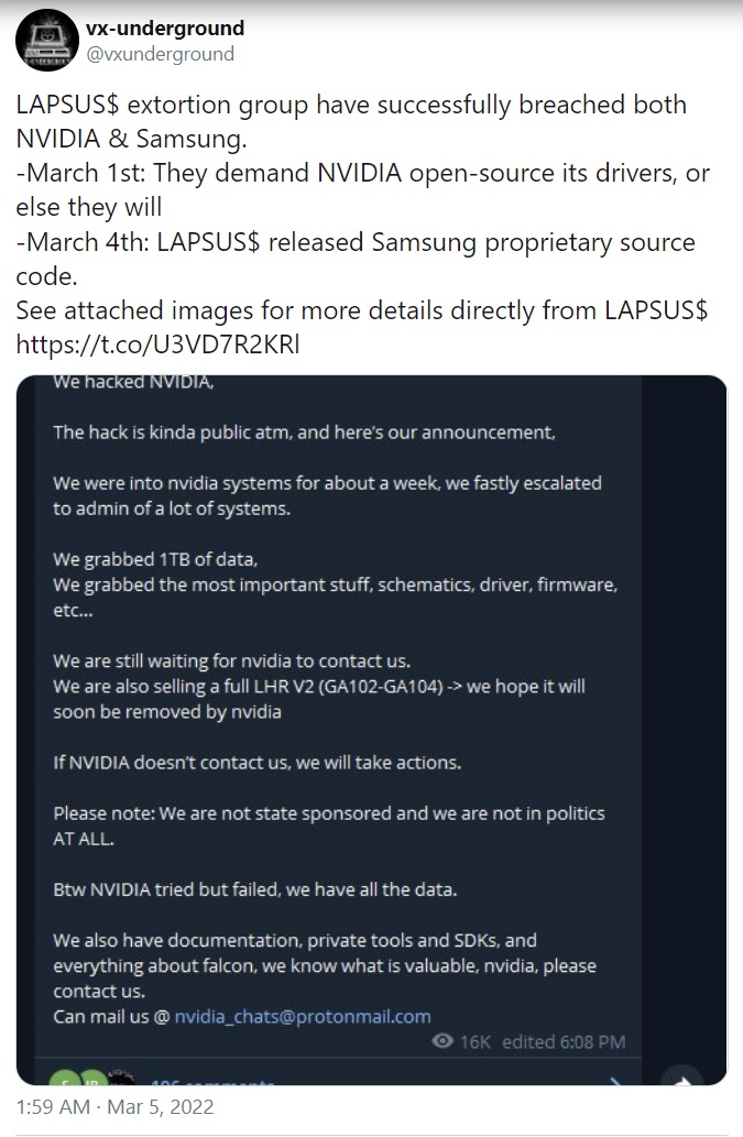 Серверы компании Samsung взломали — это те же хакеры, что недавно взломали NVIDIA