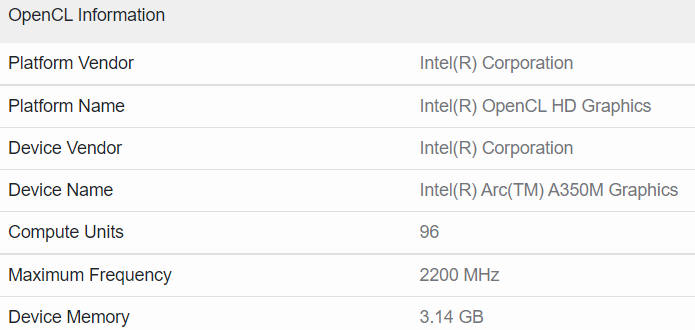     Mobile Intel Arc A350M with a GPU frequency of 2.2 GHz.  Source: Geekbench 