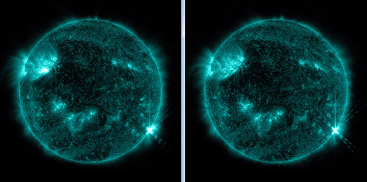 Слева вспышка 20 апреля в 04:45 мск, справа — 20 апреля в 06:57 мск. Источник изображения: NASA/SDO 
