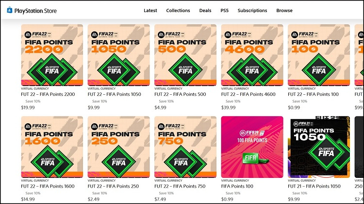   FIFA Points on US PS Store (image source: Sony Interactive Entertainment) 
