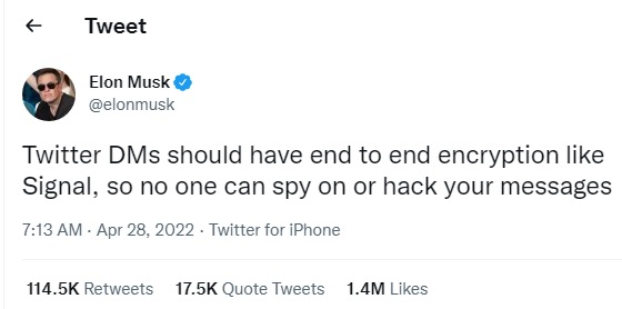 Илон Маск заявил о необходимости сквозного шифрования личных сообщений в Twitter1