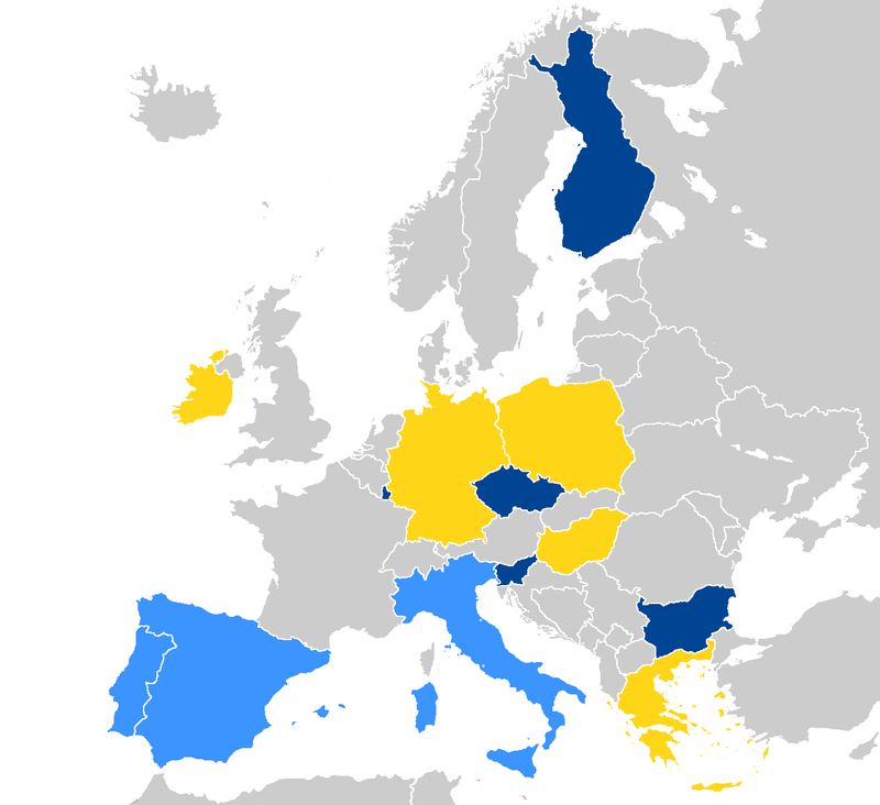  Страны, уже запустившие системы EuroHPC отмечены тёмно-синим, светло-синие — в процессе, жёлтым отмечены новички 